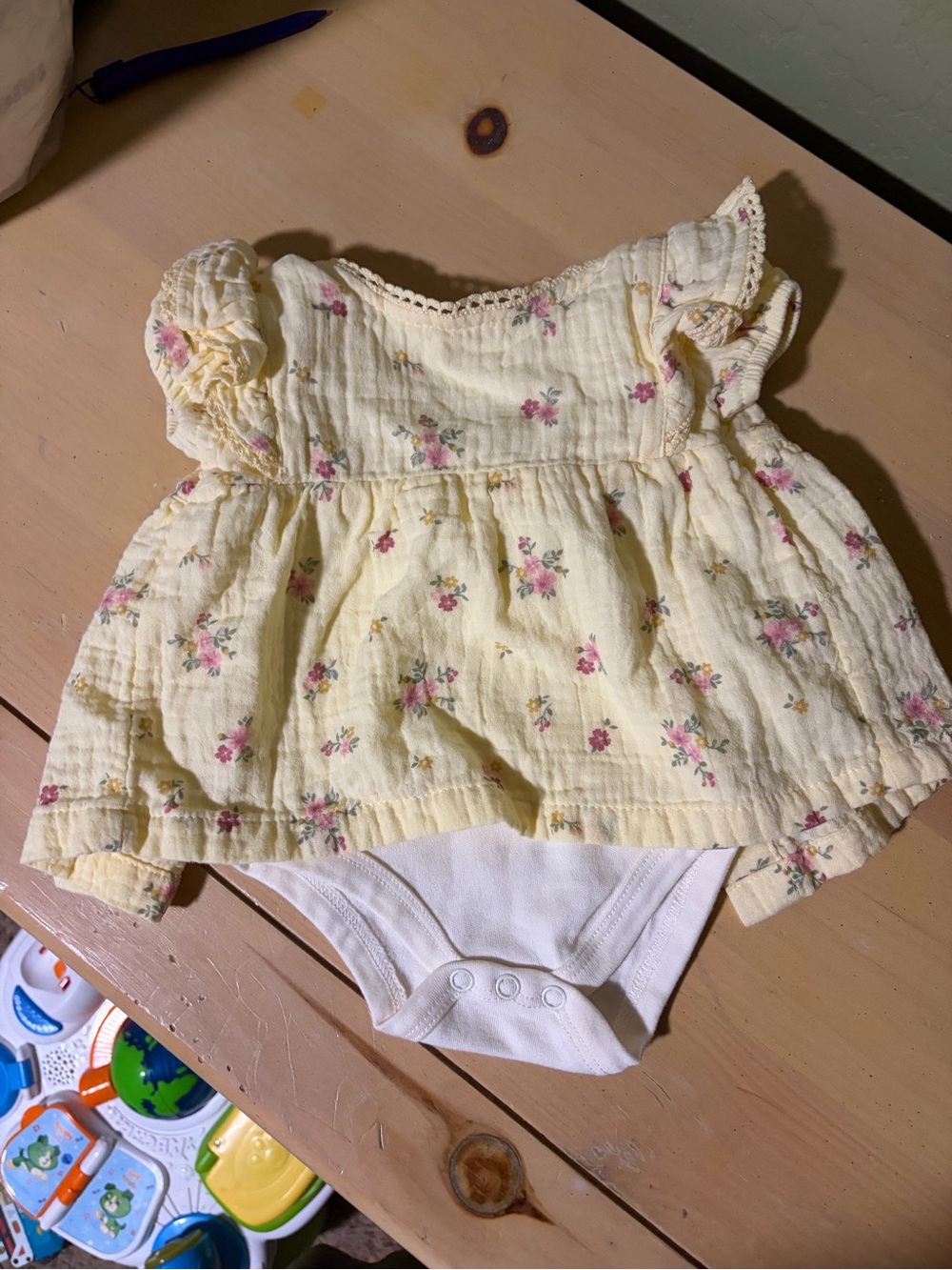 Nicole Miller New York Yellow Floral Baby Dress Bodysuit with Pink Blossoms